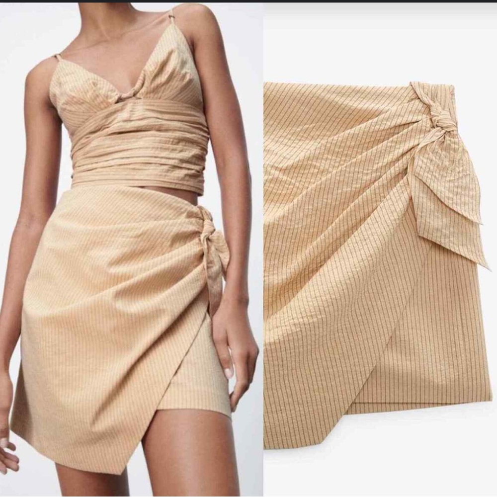 Tan Ruched Top and Skirt Set
